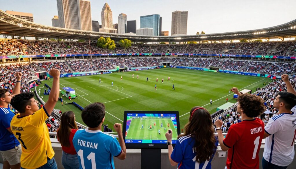 A vibrant scene capturing the excitement of the 2026 FIFA World Cup in America. In the foreground, a diverse group of fans, dressed in casual, colorful soccer jerseys, cheer joyfully as they gather around a large digital map on a portable display. The middle ground features an impressive stadium bustling with energy, teams warming up on the field, and a banner overhead announcing the World Cup. In the background, iconic American cityscapes, such as skyscrapers and lush parks, are bathed in golden afternoon sunlight, enhancing the festive atmosphere. The image should convey a sense of anticipation and community, highlighting the spirit of unity that sports foster. A wide-angle perspective captures the grandeur of the event, enhancing the sense of scale and excitement surrounding the upcoming matches. A vibrant scene capturing the excitement of the 2026 FIFA World Cup in America. In the foreground, a diverse group of fans, dressed in casual, colorful soccer jerseys, cheer joyfully as they gather around a large digital map on a portable display. The middle ground features an impressive stadium bustling with energy, teams warming up on the field, and a banner overhead announcing the World Cup. In the background, iconic American cityscapes, such as skyscrapers and lush parks, are bathed in golden afternoon sunlight, enhancing the festive atmosphere. The image should convey a sense of anticipation and community, highlighting the spirit of unity that sports foster. A wide-angle perspective captures the grandeur of the event, enhancing the sense of scale and excitement surrounding the upcoming matches.